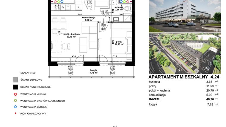 Rzut - Mieszkanie na sprzedaż 2 pokoje o powierzchni 40,95 m² - numer 4.24 w Apartamentowiec Zwycięska 3