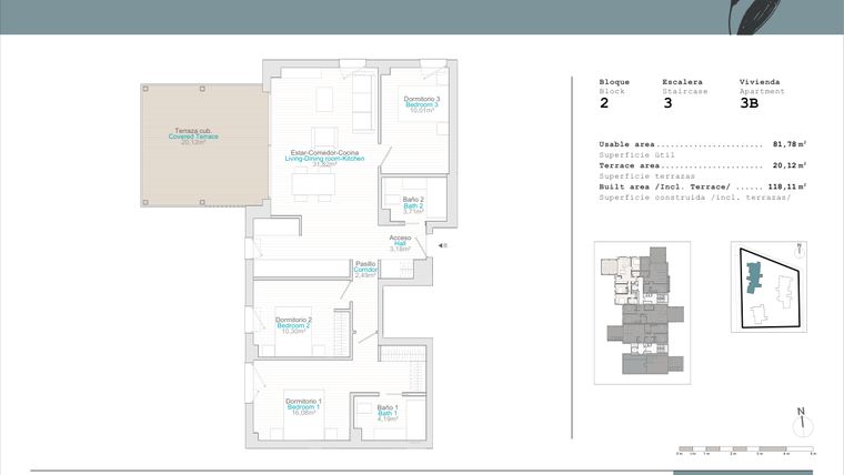 Rzut - Mieszkanie na sprzedaż 3 pokoje o powierzchni 81,78 m² - numer B2-3B w Talasa Celeus y Terra by Quadratia