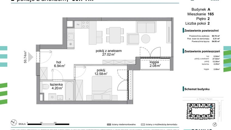 Rzut - Mieszkanie na sprzedaż 2 pokoje o powierzchni 50,74 m² - numer 165 w Osiedle Fokus Ursus
