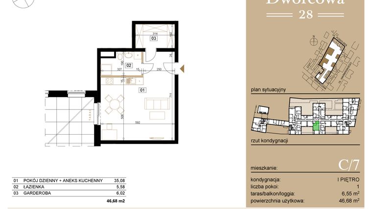 Rzut - Mieszkanie na sprzedaż 1 pokój o powierzchni 47,76 m² - numer C7 w Dworcowa 28