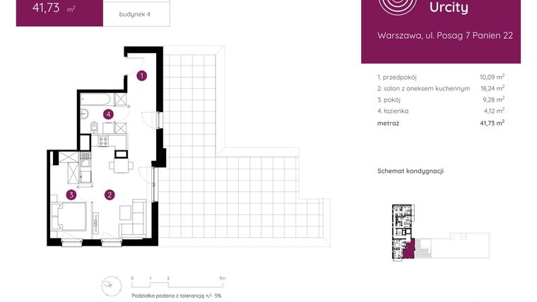 Rzut - Mieszkanie na sprzedaż 2 pokoje o powierzchni 41,73 m² - numer 4.B.7.01 w Murapol Urcity