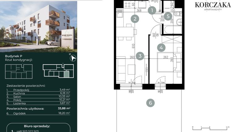 Rzut - Mieszkanie na sprzedaż 2 pokoje o powierzchni 33,88 m² - numer P.I.03 w Korczaka Apartamenty