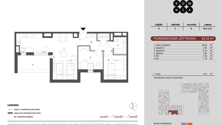Rzut - Mieszkanie na sprzedaż 3 pokoje o powierzchni 52,24 m² - numer M.A.3.043 w CUKROWNIA