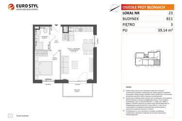 Rzut - Mieszkanie na sprzedaż 2 pokoje o powierzchni 39,14 m² - numer B11.23 w Osiedle Przy Błoniach 3 etap IV