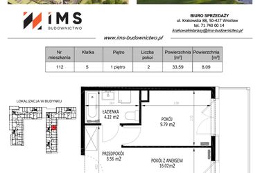 Rzut - Mieszkanie na sprzedaż 2 pokoje o powierzchni 33,57 m² - numer 112 w Krakowskie Tarasy etap V