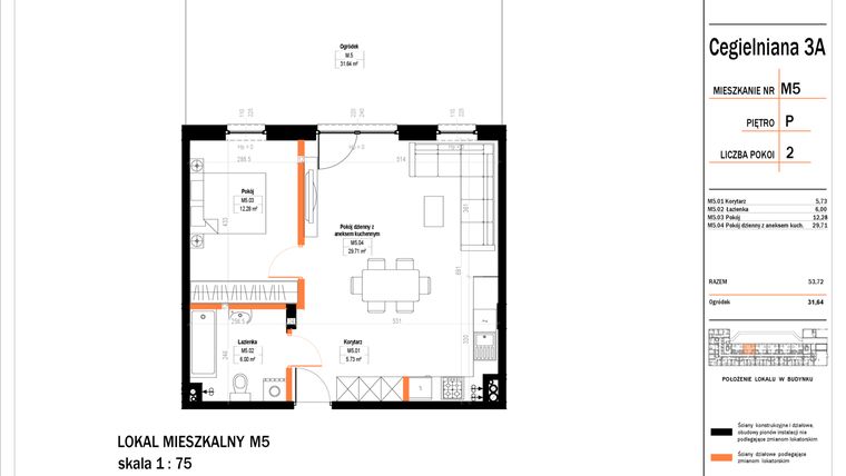 Rzut - Mieszkanie na sprzedaż 2 pokoje o powierzchni 54,1 m² - numer 5 w Osiedle StaLove etap II