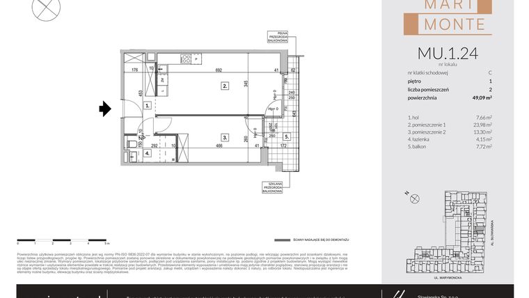 Rzut - Mieszkanie na sprzedaż 2 pokoje o powierzchni 49,09 m² - numer MU.1.24 w Marimonte - apartamenty inwestycyjne
