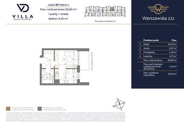 Rzut - Mieszkanie na sprzedaż 1 pokój o powierzchni 28,8 m² - numer 20 w Warszawska 222 bud. D