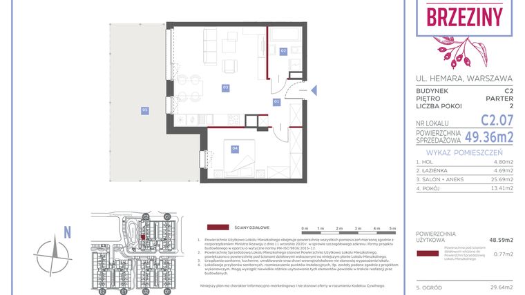 Rzut - Mieszkanie na sprzedaż 2 pokoje o powierzchni 49,36 m² - numer C2.07 w Miasteczko Brzeziny II