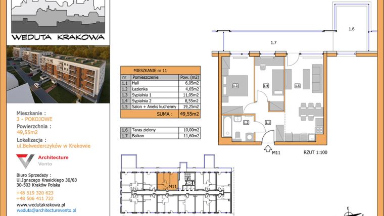 Rzut - Mieszkanie na sprzedaż 3 pokoje o powierzchni 49,55 m² - numer M11 w Weduta Krakowa