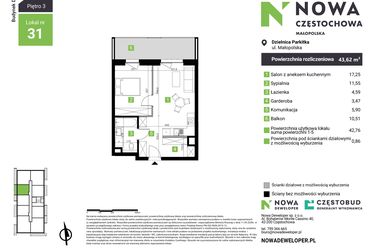 Rzut - Mieszkanie na sprzedaż 2 pokoje o powierzchni 43,62 m² - numer D31 w Nowa Częstochowa Małopolska etap II