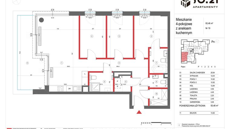 Rzut - Mieszkanie na sprzedaż 4 pokoje o powierzchni 93,46 m² - numer 19 w SO.21