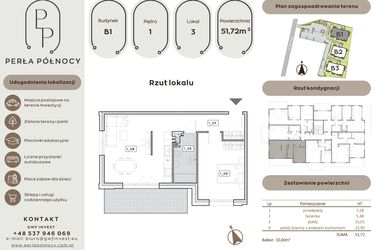 Rzut - Mieszkanie na sprzedaż 2 pokoje o powierzchni 51,72 m² - numer B1.1_3 w Perła Północy etap 2