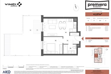 Rzut - Mieszkanie na sprzedaż 2 pokoje o powierzchni 41,87 m² - numer B.03 w Premiera Bemowo