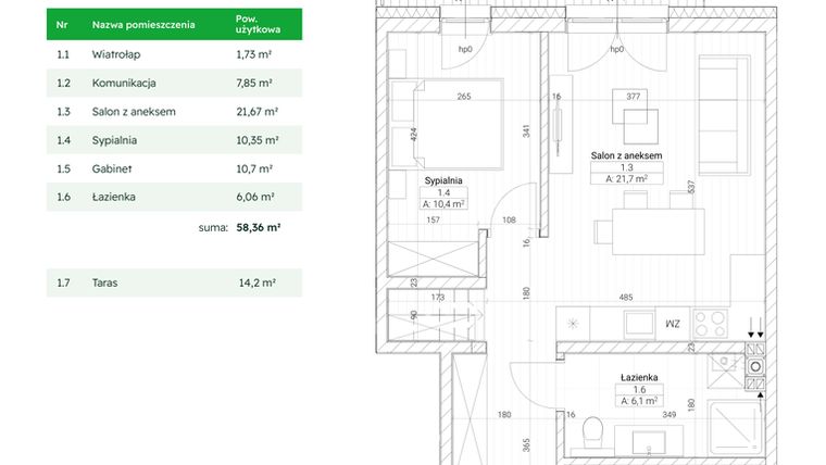 Rzut - Mieszkanie na sprzedaż 3 pokoje o powierzchni 58,36 m² - numer B2M3 w Nefrytowa Park