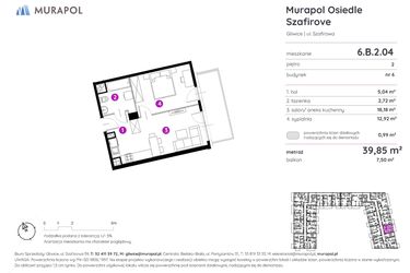 Rzut - Mieszkanie na sprzedaż 2 pokoje o powierzchni 39,85 m² - numer 6.B.2.04 w Murapol Osiedle Szafirove