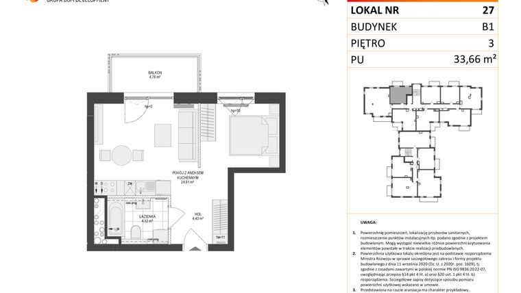Rzut - Mieszkanie na sprzedaż 1 pokój o powierzchni 33,66 m² - numer 27 w Locus 2