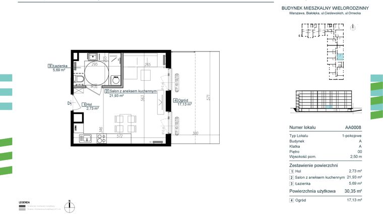 Rzut - Mieszkanie na sprzedaż 1 pokój o powierzchni 30,35 m² - numer AA0008 w Orneko