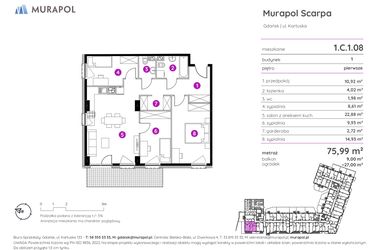 Rzut - Mieszkanie na sprzedaż 4 pokoje o powierzchni 75,99 m² - numer 1.C.1.08 w Murapol Scarpa