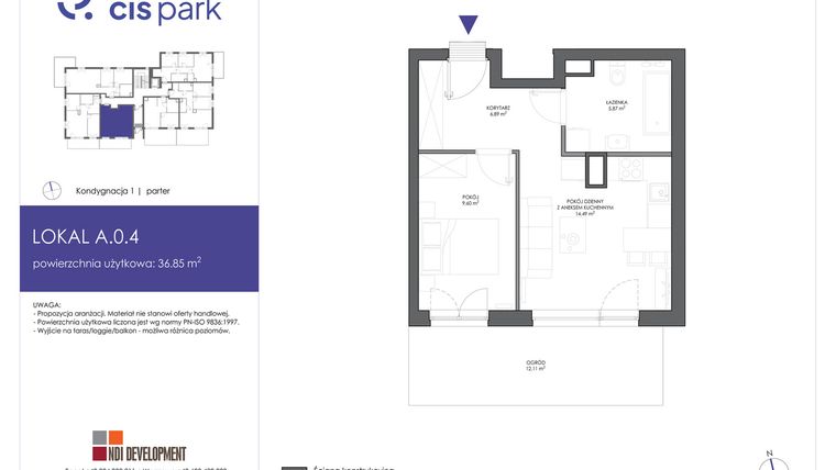 Rzut - Mieszkanie na sprzedaż 2 pokoje o powierzchni 36,85 m² - numer A.0.4 w CIS Park