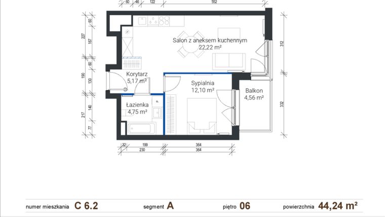 Rzut - Mieszkanie na sprzedaż 2 pokoje o powierzchni 44,24 m² - numer C 6.2 w Nowe Zabłocie