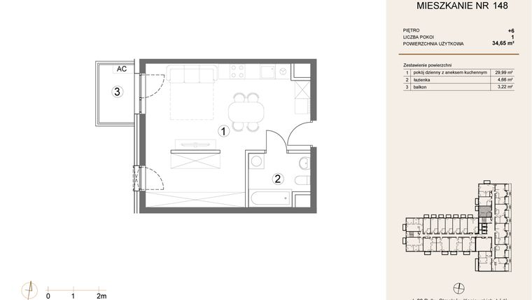 Rzut - Mieszkanie na sprzedaż 1 pokój o powierzchni 34,65 m² - numer 148 w Waterlane Vibe