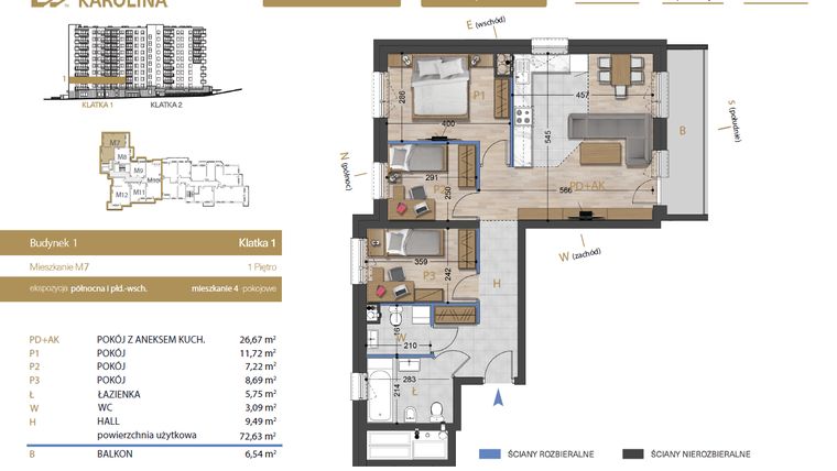 Rzut - Mieszkanie na sprzedaż 4 pokoje o powierzchni 72,63 m² - numer 7 w Osiedle Dakar Karolina