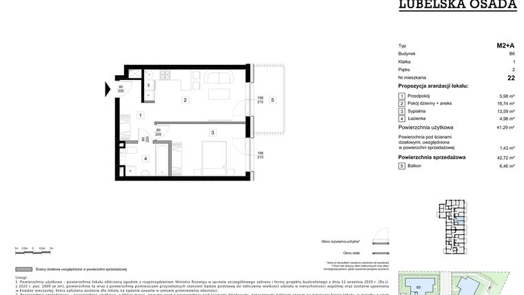 Rzut - Mieszkanie na sprzedaż 2 pokoje o powierzchni 42,72 m² - numer B6.22 w Lubelska Osada budynek B6