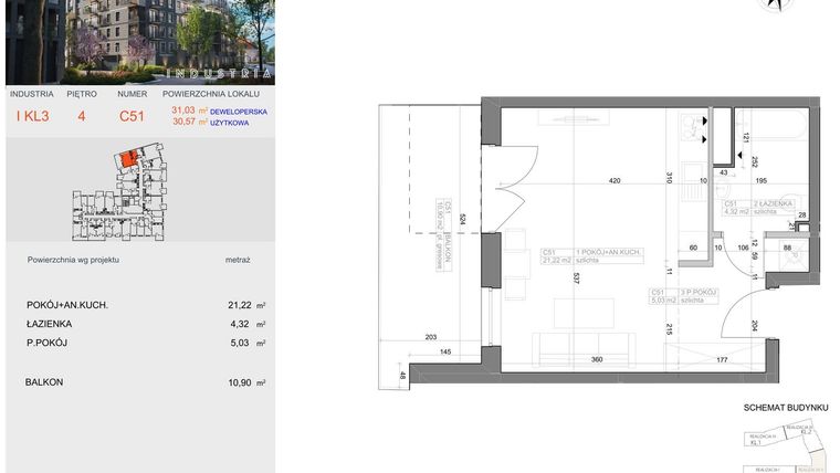 Rzut - Mieszkanie na sprzedaż 1 pokój o powierzchni 30,57 m² - numer I-C51 w Industria etap I-D oraz I-C