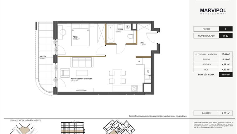 Rzut - Mieszkanie na sprzedaż 2 pokoje o powierzchni 48,07 m² - numer M33 w SENGERA 1