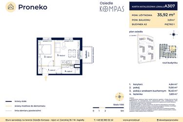 Rzut - Mieszkanie na sprzedaż 2 pokoje o powierzchni 35,92 m² - numer A307 w Osiedle Kompas