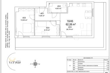 Rzut - Mieszkanie na sprzedaż 2 pokoje o powierzchni 62,26 m² - numer 19/45 w Osiedle Versus etap II