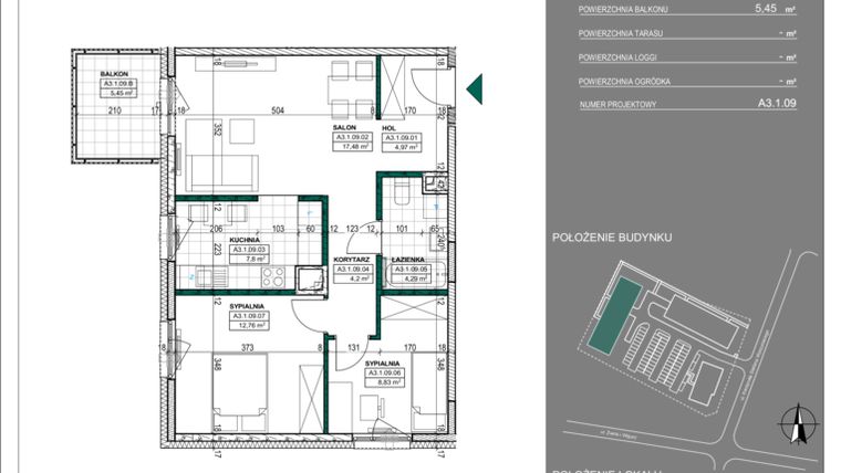 Rzut - Mieszkanie na sprzedaż 3 pokoje o powierzchni 63,11 m² - numer A3.21 w Osiedle Botaników etap A