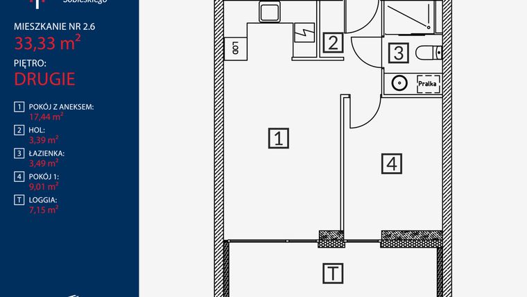 Rzut - Mieszkanie na sprzedaż 2 pokoje o powierzchni 33,33 m² - numer B2.M.2.6 w Tarasy Sobieskiego