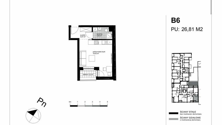 Rzut - Mieszkanie na sprzedaż 1 pokój o powierzchni 26,81 m² - numer B6 w Apartamenty Kopernika - etap II