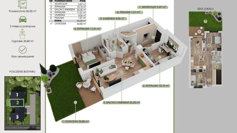 Rzut - Mieszkanie na sprzedaż 3 pokoje o powierzchni 56 m² - numer 2A w Green House Tuwima