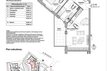 Rzut - Mieszkanie na sprzedaż 3 pokoje o powierzchni 69,05 m² - numer M1.11 w Bulwary Apartamenty