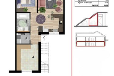 Rzut - Mieszkanie na sprzedaż 3 pokoje o powierzchni 69,79 m² - numer D1B-IV w Osiedle Przyjazne Quart - etap IV