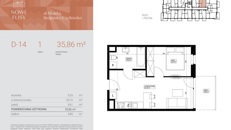 Rzut - Mieszkanie na sprzedaż 2 pokoje o powierzchni 35,86 m² - numer M14_NF.d w Nowe Flisy II