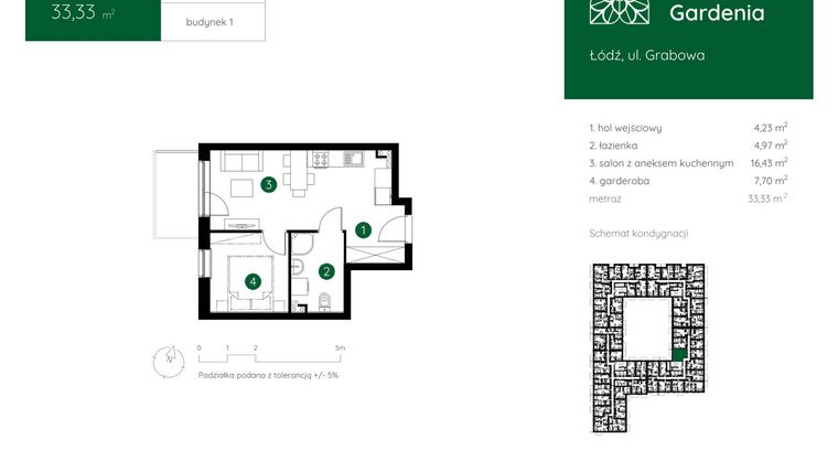 Rzut - Mieszkanie na sprzedaż 1 pokój o powierzchni 33,33 m² - numer 1.B.1.01 w Murapol Gardenia