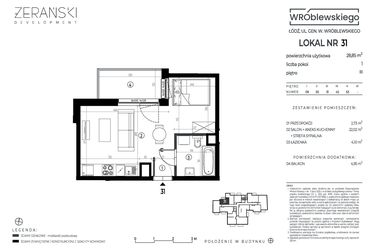 Rzut - Mieszkanie na sprzedaż 1 pokój o powierzchni 28,85 m² - numer A31 w Wróblewskiego