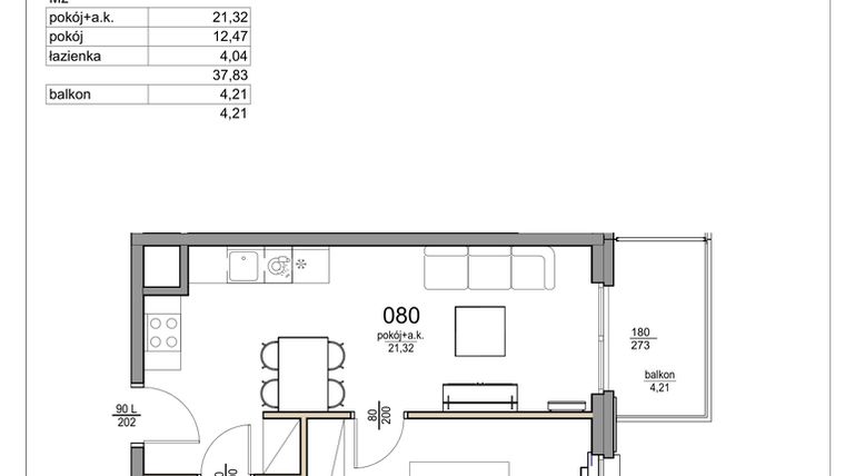 Rzut - Mieszkanie na sprzedaż 2 pokoje o powierzchni 37,83 m² - numer 80 w Rezydencja Liwska 3
