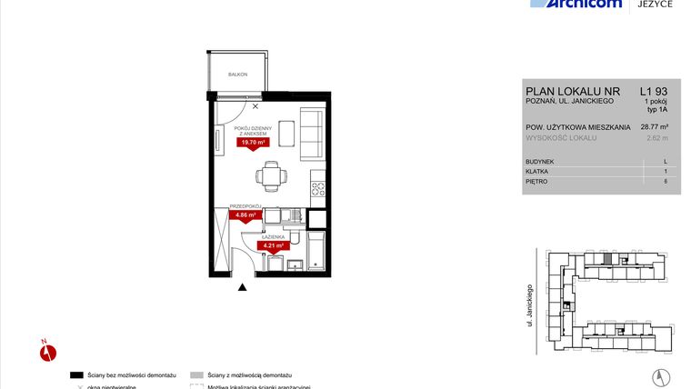 Rzut - Mieszkanie na sprzedaż 1 pokój o powierzchni 28,77 m² - numer L1.93 w Wieża Jeżyce etap VI