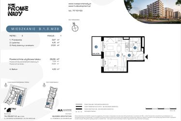 Rzut - Mieszkanie na sprzedaż 1 pokój o powierzchni 29,55 m² - numer B.1.3.M38 w Nowe Promenady etap II