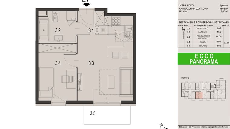 Rzut - Mieszkanie na sprzedaż 2 pokoje o powierzchni 33,68 m² - numer 27C w Ecco Panorama etap II budynki C, D