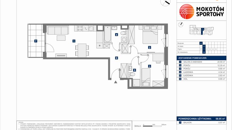 Rzut - Mieszkanie na sprzedaż 3 pokoje o powierzchni 58,05 m² - numer B.38 w Mokotów Sportowy