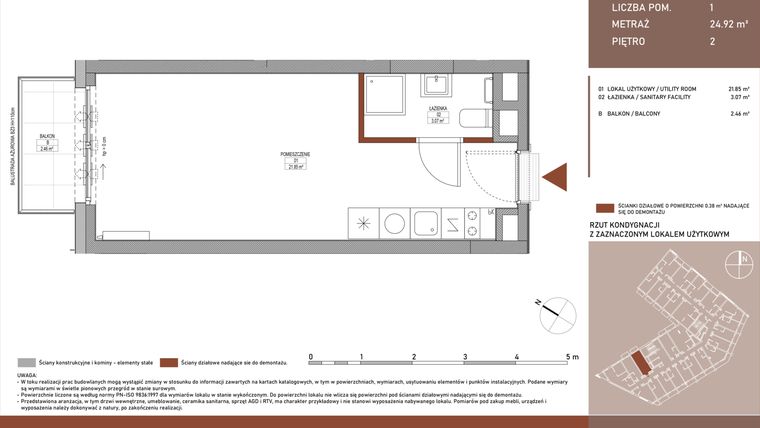 Rzut - Mieszkanie na sprzedaż 1 pokój o powierzchni 24,92 m² - numer A.3.14 w Żurawie - etap II