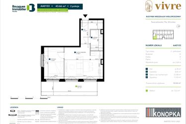 Rzut - Mieszkanie na sprzedaż 2 pokoje o powierzchni 43,66 m² - numer AA0103 w Vivre