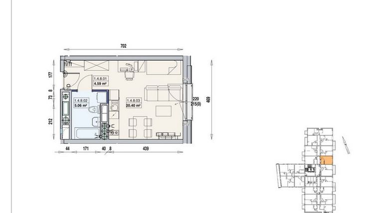 Rzut - Mieszkanie na sprzedaż 1 pokój o powierzchni 30,05 m² - numer 1/4/8/1a w Gwarna