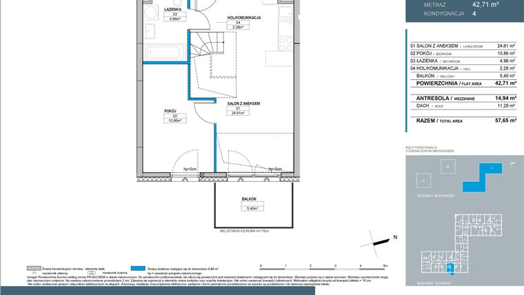 Rzut - Mieszkanie na sprzedaż 3 pokoje o powierzchni 57,32 m² - numer L1.4.04 w Nordic Bemowo - etap III